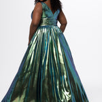 Best selling plus size A-line prom, formal and evening dress. Metallic stretch knit novelty fabric, bra-friendly straps, full A-line skirt and pockets. Available in kiwi, light green, in sizes 14-40. SC7415 by Sydney's Closet
