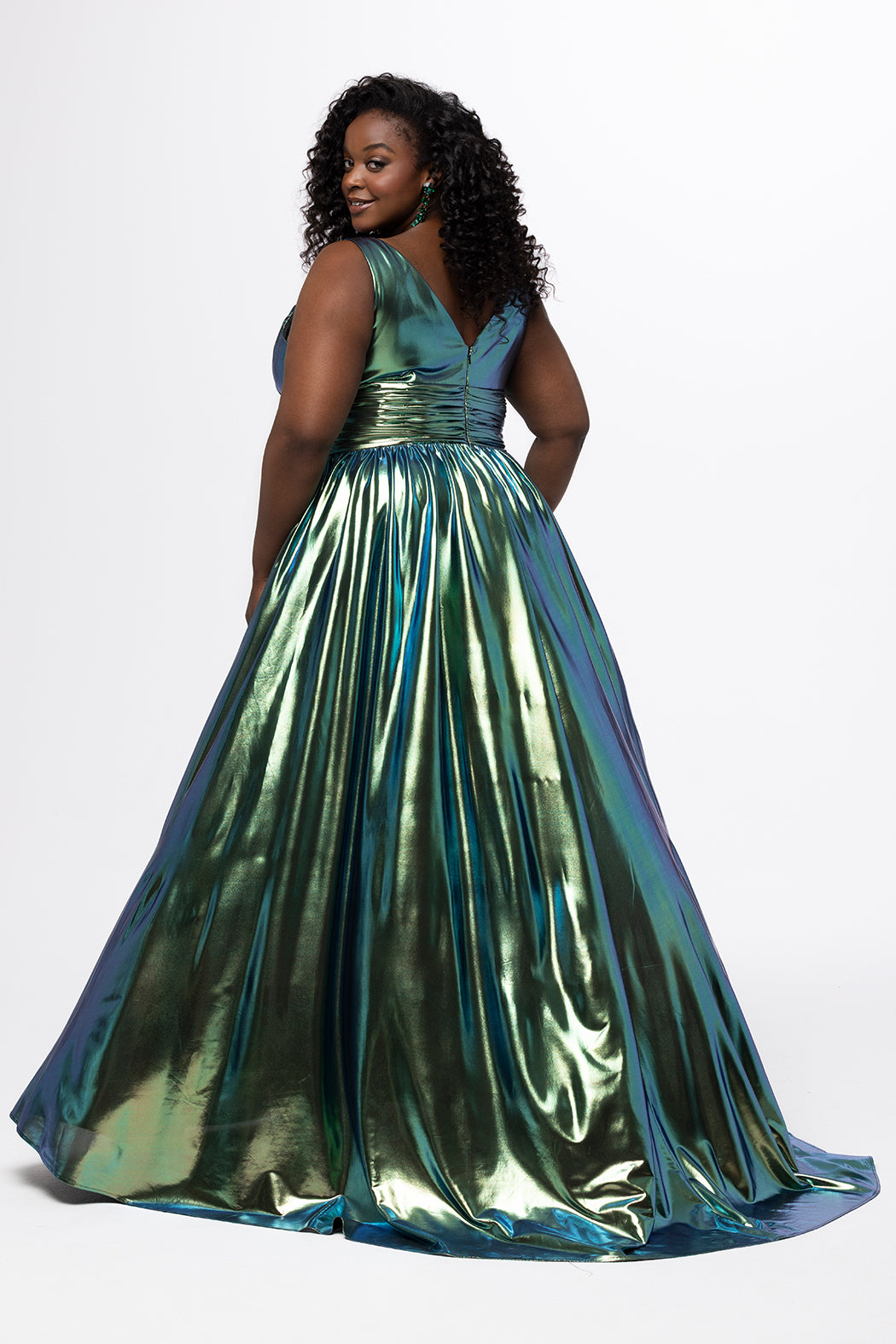 Best selling plus size A-line prom, formal and evening dress. Metallic stretch knit novelty fabric, bra-friendly straps, full A-line skirt and pockets. Available in kiwi, light green, in sizes 14-40. SC7415 by Sydney's Closet