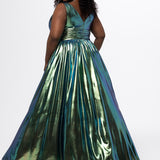 Best selling plus size A-line prom, formal and evening dress. Metallic stretch knit novelty fabric, bra-friendly straps, full A-line skirt and pockets. Available in kiwi, light green, in sizes 14-40. SC7415 by Sydney's Closet