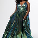 Best selling plus size A-line prom, formal and evening dress. Metallic stretch knit novelty fabric, bra-friendly straps, full A-line skirt and pockets. Available in kiwi, light green, in sizes 14-40. SC7415 by Sydney's Closet