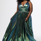 Best selling plus size A-line prom, formal and evening dress. Metallic stretch knit novelty fabric, bra-friendly straps, full A-line skirt and pockets. Available in kiwi, light green, in sizes 14-40. SC7415 by Sydney's Closet