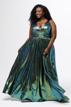 Best selling plus size A-line prom, formal and evening dress. Metallic stretch knit novelty fabric, bra-friendly straps, full A-line skirt and pockets. Available in kiwi, light green, in sizes 14-40. SC7415 by Sydney's Closet