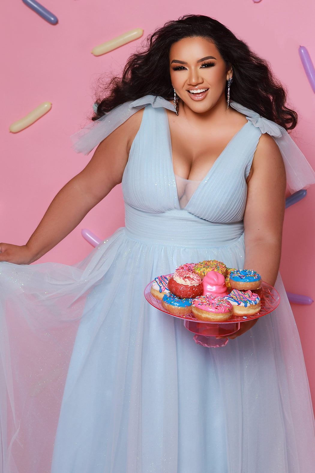 Plus Size princess A-line prom dress with bra-friendly straps, pleated bodice, pleated waistband and full A-line skirt with train. Detachable bows on shoulder. SC7417 in ice blue, mauve or sage green from Sydney's Closet.
