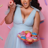 Plus Size princess A-line prom dress with bra-friendly straps, pleated bodice, pleated waistband and full A-line skirt with train. Detachable bows on shoulder. SC7417 in ice blue, mauve or sage green from Sydney's Closet.