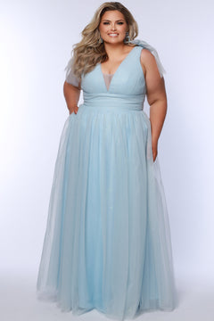 Plus Size princess A-line prom dress with bra-friendly straps, pleated bodice, pleated waistband and full A-line skirt with train. Detachable bows on shoulder. SC7417 in ice blue, mauve or sage green from Sydney's Closet.