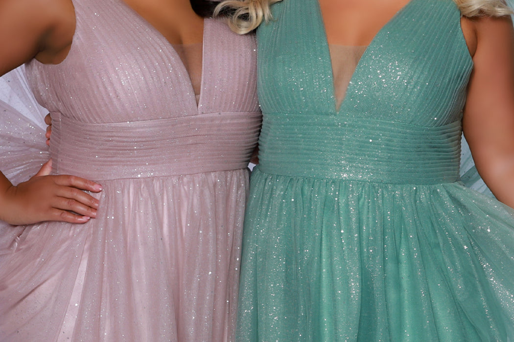 Plus Size princess A-line prom dress with bra-friendly straps, pleated bodice, pleated waistband and full A-line skirt with train. Detachable bows on shoulder. SC7417 in ice blue, mauve or sage green from Sydney's Closet.