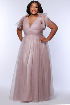 Plus Size princess A-line prom dress with bra-friendly straps, pleated bodice, pleated waistband and full A-line skirt with train. Detachable bows on shoulder. SC7417 in ice blue, mauve or sage green from Sydney's Closet.