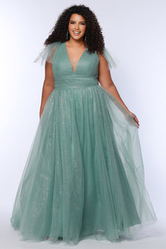 Plus Size princess A-line prom dress with bra-friendly straps, pleated bodice, pleated waistband and full A-line skirt with train. Detachable bows on shoulder. SC7417 in ice blue, mauve or sage green from Sydney's Closet.