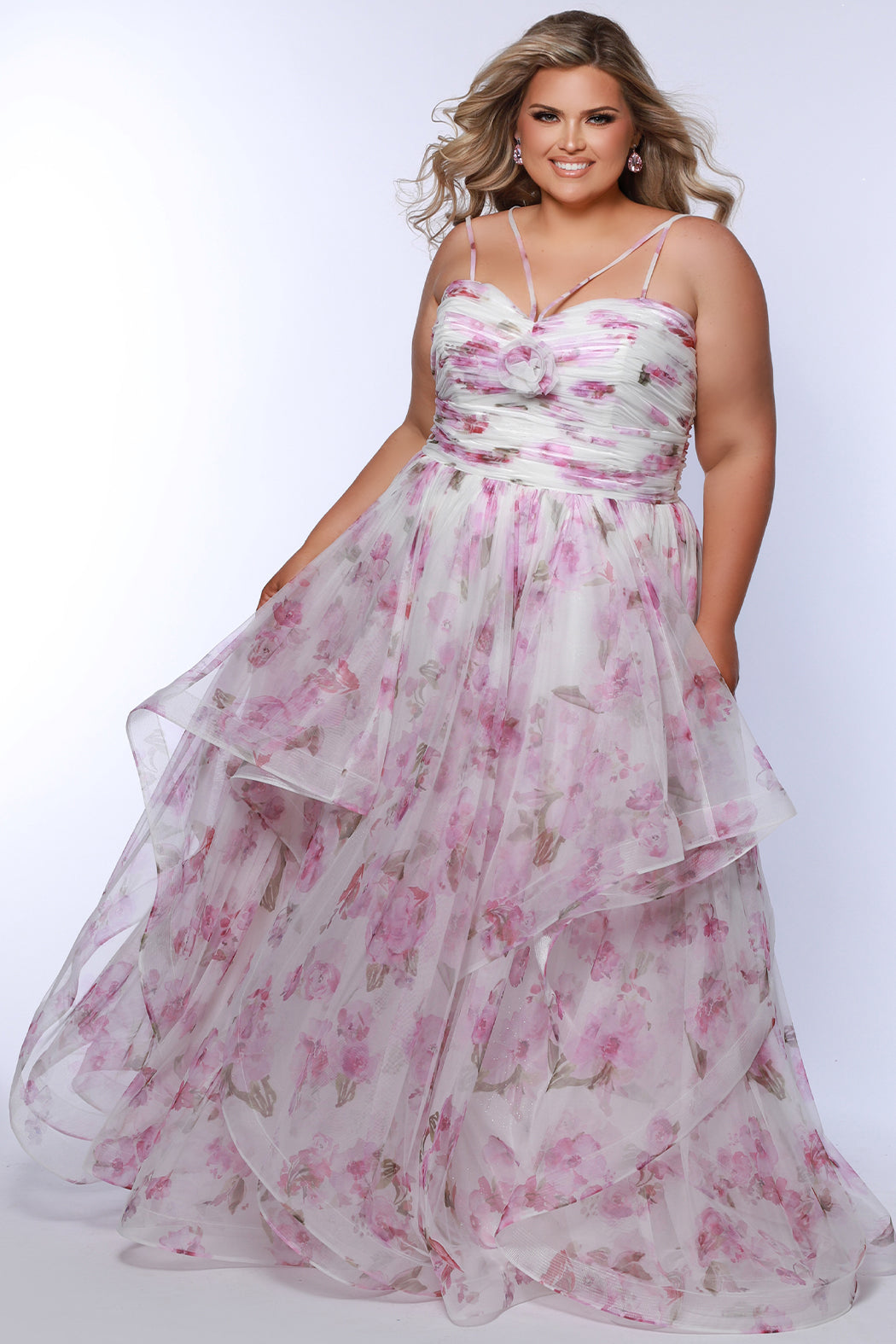 formal pink floral dress Cute As Ever Gown Floral / 24 Size:US 0 carpet occasions Margie Pleated Long Sleeve Satin Dress