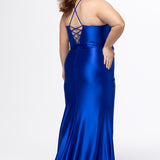 Simple plus size satin slim a-line fitted dress.  Spaghetti straps, pleated bodice, exposed boning corset with basque waistline.  Slim, fitted skirt with ruching. Lace-up back with modesty panel and sweep train.  Available in cherry red, chocolate brown, hunter green and onyx black. Sydney's Closet plus size style SC7426 shown in royal blue, new for 2026.