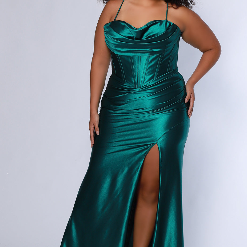 Simple plus size satin slim a-line fitted dress.  Spaghetti straps, pleated bodice, exposed boning corset with basque waistline.  Slim, fitted skirt with ruching. Lace-up back with modesty panel and sweep train.  Available in cherry red, chocolate brown, hunter green and onyx black. Sydney's Closet plus size style SC7426.