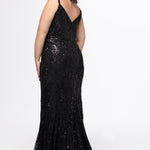 Sydney's Closet SC7429 in black

Plus size slim/fitted silhouette. V-neckline with spaghetti straps, natural waisltine and slim skirt with a sweep train.  Stretch sequin on stretch mesh fabric all over and a stretch knit lining. 