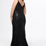 Sydney's Closet SC7429 in black

Plus size slim/fitted silhouette. V-neckline with spaghetti straps, natural waisltine and slim skirt with a sweep train.  Stretch sequin on stretch mesh fabric all over and a stretch knit lining. 
