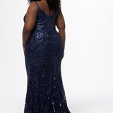 Sydney's Closet SC7429 in navy

Plus size slim/fitted silhouette. V-neckline with spaghetti straps, natural waisltine and slim skirt with a sweep train.  Stretch sequin on stretch mesh fabric all over and a stretch knit lining. 