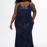 Sydney's Closet SC7429 in navy

Plus size slim/fitted silhouette. V-neckline with spaghetti straps, natural waisltine and slim skirt with a sweep train.  Stretch sequin on stretch mesh fabric all over and a stretch knit lining. 