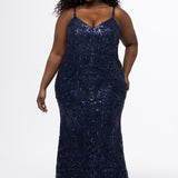 Sydney's Closet SC7429 in navy

Plus size slim/fitted silhouette. V-neckline with spaghetti straps, natural waisltine and slim skirt with a sweep train.  Stretch sequin on stretch mesh fabric all over and a stretch knit lining. 