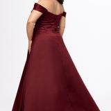 Plus Size Prom & Formal dress by Sydney's Closet - Style SC7431 shown in Burgundy Red. 

A-line silhouette, sweetheart neckline with pleated bust and knot details, detachable off the shoulder straps, natural waistline, A-line skirt with pocket and sexy slit with founce ruffle detail. 
