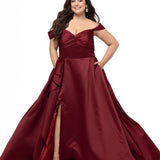 Plus Size Prom & Formal dress by Sydney's Closet - Style SC7431 shown in Burgundy Red. 

A-line silhouette, sweetheart neckline with pleated bust and knot details, detachable off the shoulder straps, natural waistline, A-line skirt with pocket and sexy slit with founce ruffle detail. 