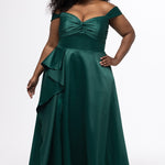 Plus Size Prom & Formal dress by Sydney's Closet - Style SC7431 shown in Forest Green. 

A-line silhouette, sweetheart neckline with pleated bust and knot details, detachable off the shoulder straps, natural waistline, A-line skirt with pocket and sexy slit with founce ruffle detail. 