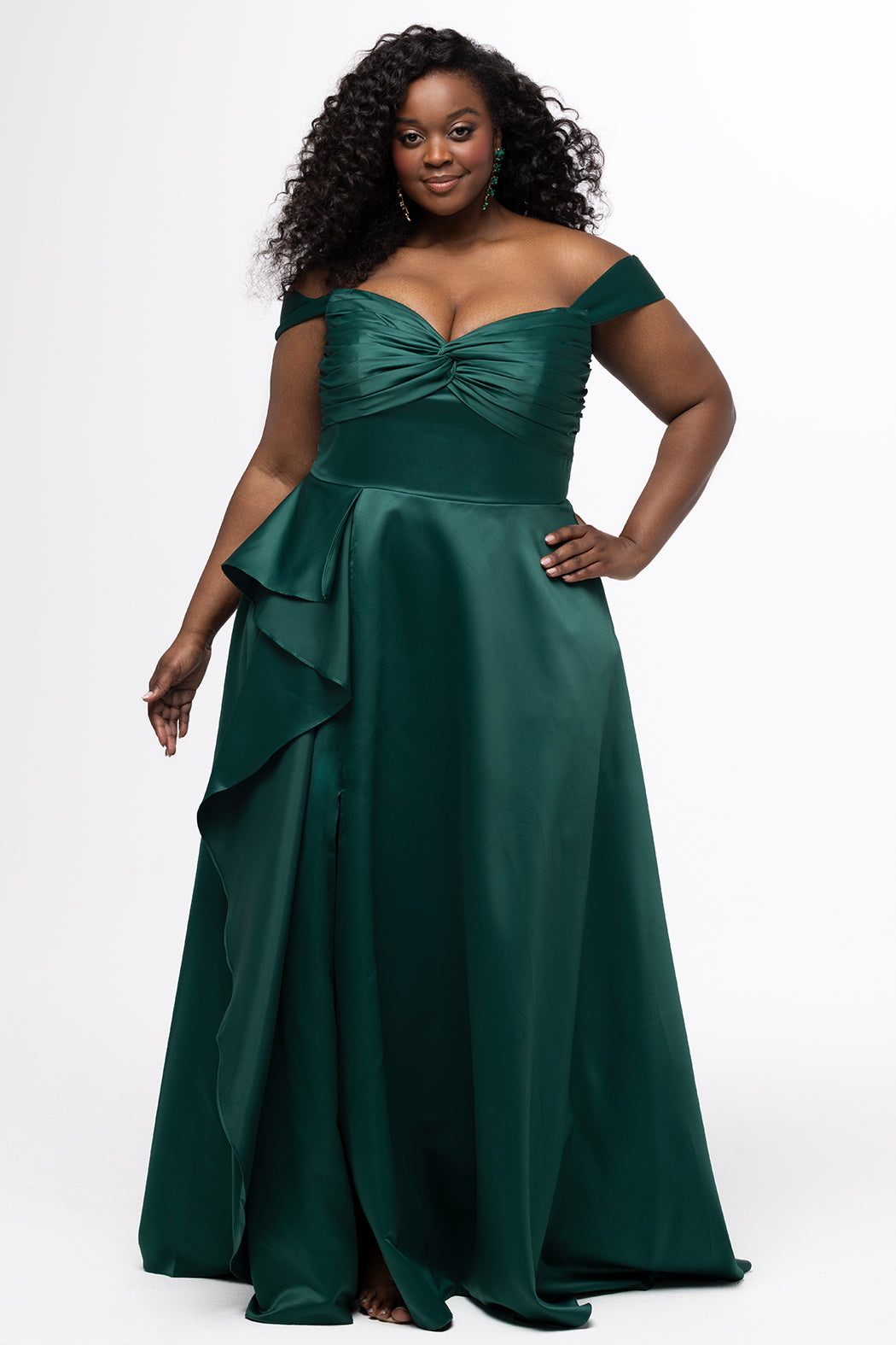 Plus Size Prom & Formal dress by Sydney's Closet - Style SC7431 shown in Forest Green. 

A-line silhouette, sweetheart neckline with pleated bust and knot details, detachable off the shoulder straps, natural waistline, A-line skirt with pocket and sexy slit with founce ruffle detail. 