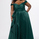 Plus Size Prom & Formal dress by Sydney's Closet - Style SC7431 shown in Forest Green. 

A-line silhouette, sweetheart neckline with pleated bust and knot details, detachable off the shoulder straps, natural waistline, A-line skirt with pocket and sexy slit with founce ruffle detail. 