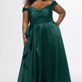 Plus Size Prom & Formal dress by Sydney's Closet - Style SC7431 shown in Forest Green. 

A-line silhouette, sweetheart neckline with pleated bust and knot details, detachable off the shoulder straps, natural waistline, A-line skirt with pocket and sexy slit with founce ruffle detail. 