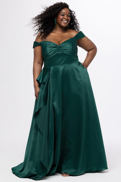 Plus Size Prom & Formal dress by Sydney's Closet - Style SC7431 shown in Forest Green. 

A-line silhouette, sweetheart neckline with pleated bust and knot details, detachable off the shoulder straps, natural waistline, A-line skirt with pocket and sexy slit with founce ruffle detail. 