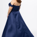 Plus Size Prom & Formal dress by Sydney's Closet - Style SC7431 shown in Navy. 

A-line silhouette, sweetheart neckline with pleated bust and knot details, detachable off the shoulder straps, natural waistline, A-line skirt with pocket and sexy slit with founce ruffle detail. 