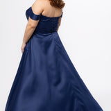 Plus Size Prom & Formal dress by Sydney's Closet - Style SC7431 shown in Navy. 

A-line silhouette, sweetheart neckline with pleated bust and knot details, detachable off the shoulder straps, natural waistline, A-line skirt with pocket and sexy slit with founce ruffle detail. 