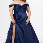 Plus Size Prom & Formal dress by Sydney's Closet - Style SC7431 shown in Navy. 

A-line silhouette, sweetheart neckline with pleated bust and knot details, detachable off the shoulder straps, natural waistline, A-line skirt with pocket and sexy slit with founce ruffle detail. 