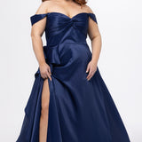 Plus Size Prom & Formal dress by Sydney's Closet - Style SC7431 shown in Navy. 

A-line silhouette, sweetheart neckline with pleated bust and knot details, detachable off the shoulder straps, natural waistline, A-line skirt with pocket and sexy slit with founce ruffle detail. 