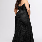 Plus size lace slim fitted dress featuring stretch lace with tone-on-tone hot fix stones.  Cateye bodice, exposed corset boning, assymetrical waistline with detachable drape scarf, ruched skirt with high slit and sweep train.  Sydney's Closet style SC7432 in Onyx Black.