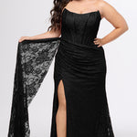 Plus size lace slim fitted dress featuring stretch lace with tone-on-tone hot fix stones.  Cateye bodice, exposed corset boning, assymetrical waistline with detachable drape scarf, ruched skirt with high slit and sweep train.  Sydney's Closet style SC7432 in Onyx Black.