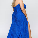 Plus size lace slim fitted dress featuring stretch lace with tone-on-tone hot fix stones.  Cateye bodice, exposed corset boning, assymetrical waistline with detachable drape scarf, ruched skirt with high slit and sweep train.  Sydney's Closet style SC7432 in Cobalt Blue.