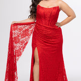 Plus size lace slim fitted dress featuring stretch lace with tone-on-tone hot fix stones.  Cateye bodice, exposed corset boning, assymetrical waistline with detachable drape scarf, ruched skirt with high slit and sweep train.  Sydney's Closet style SC7432 in Ruby Red.