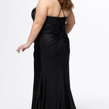 Sydney's Closet style SC7434 in Onyx Black. 

Slim, fitted silhouette, sweeetheart neckline, pleated bodice, anutral waistline, ruched skirt with left leg slit, sweep train and spaghetti straps that criss-cross in the back and go into the lace up back with modesty panel. 