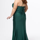 Sydney's Closet style SC7434 in Emerald Green. 

Slim, fitted silhouette, sweeetheart neckline, pleated bodice, anutral waistline, ruched skirt with left leg slit, sweep train and spaghetti straps that criss-cross in the back and go into the lace up back with modesty panel. 