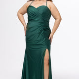 Sydney's Closet style SC7434 in Emerald Green. 

Slim, fitted silhouette, sweetheart neckline, pleated bodice, natural waistline, ruched skirt with left leg slit, sweep train and spaghetti straps that criss-cross in the back and go into the lace up back with modesty panel. 