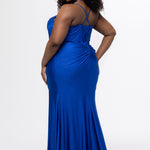 Sydney's Closet style SC7434 in Sapphire Blue. 

Slim, fitted silhouette, sweeetheart neckline, pleated bodice, anutral waistline, ruched skirt with left leg slit, sweep train and spaghetti straps that criss-cross in the back and go into the lace up back with modesty panel. 