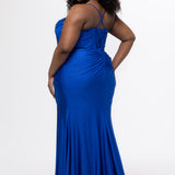 Sydney's Closet style SC7434 in Sapphire Blue. 

Slim, fitted silhouette, sweeetheart neckline, pleated bodice, anutral waistline, ruched skirt with left leg slit, sweep train and spaghetti straps that criss-cross in the back and go into the lace up back with modesty panel. 