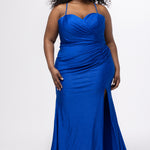 Sydney's Closet style SC7434 in Sapphire Blue. 

Slim, fitted silhouette, sweeetheart neckline, pleated bodice, anutral waistline, ruched skirt with left leg slit, sweep train and spaghetti straps that criss-cross in the back and go into the lace up back with modesty panel. 