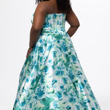 SC7435 green and blue floral print satin gown from Sydney's Closet. 

Strapless, sweetheart neckline, exposed corset boning, Basque waistline, A-line skirt with pockets and center back zipper.  

Trendy multi-colored floral print formal dress.