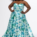 SC7435 green and blue floral print satin gown from Sydney's Closet. 

Strapless, sweetheart neckline, exposed corset boning, Basque waistline, A-line skirt with pockets and center back zipper.  

Trendy multi-colored floral print formal dress.