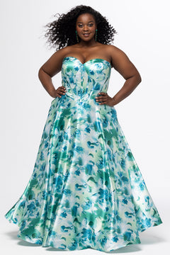 SC7435 green and blue floral print satin gown from Sydney's Closet. 

Strapless, sweetheart neckline, exposed corset boning, Basque waistline, A-line skirt with pockets and center back zipper.  

Trendy multi-colored floral print formal dress.