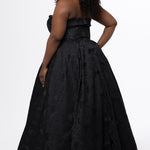 Sydney's Closet style SC7439 in black floral brocade.

A-line silhouette, strapless neckline with fold over cuff detail, natural waistline, full a-line skirt with box pleats, crinoline and pockets.