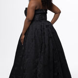 Sydney's Closet style SC7439 in black floral brocade.

A-line silhouette, strapless neckline with fold over cuff detail, natural waistline, full a-line skirt with box pleats, crinoline and pockets.