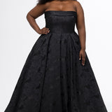 Sydney's Closet style SC7439 in black floral brocade.

A-line silhouette, strapless neckline with fold over cuff detail, natural waistline, full a-line skirt with box pleats, crinoline and pockets.