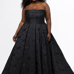 Sydney's Closet style SC7439 in black floral brocade.

A-line silhouette, strapless neckline with fold over cuff detail, natural waistline, full a-line skirt with box pleats, crinoline and pockets.