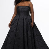 Sydney's Closet style SC7439 in black floral brocade.

A-line silhouette, strapless neckline with fold over cuff detail, natural waistline, full a-line skirt with box pleats, crinoline and pockets.