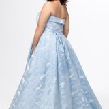 Sydney's Closet style SC7439 in light blue floral brocade.

A-line silhouette, strapless neckline with fold over cuff detail, natural waistline, full a-line skirt with box pleats, crinoline and pockets.